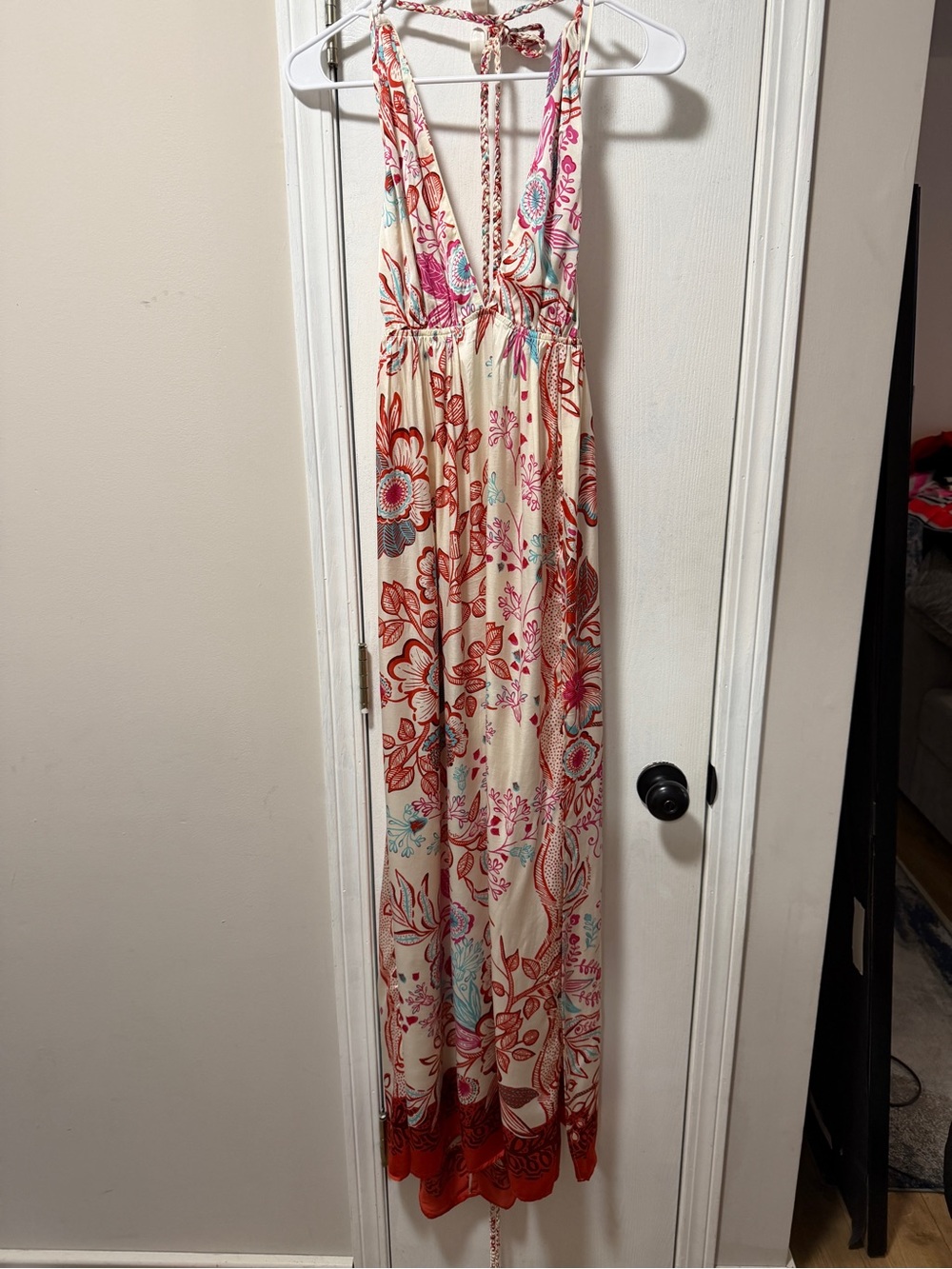 Poupette St. Barth Cream Maxi Dress with Red and Pink Floral Print tie straps